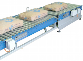 An industrial type check-weigher conveyor weighing bags of cement
